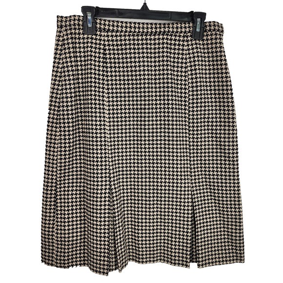Eddie Bauer Womens Skirt Wool Blend Black Houndstooth Pleated Size 12 Academia - Picture 1 of 13